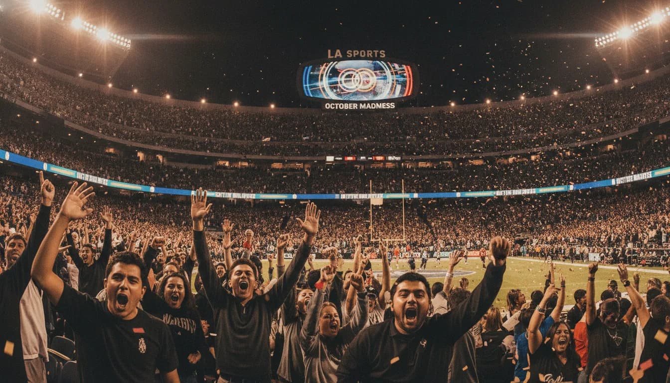 A packed stadium crowd at a sporting event: Every October 2026 Weekend Where 3+ Leagues Play the Same City: LA's One Quad-Stack