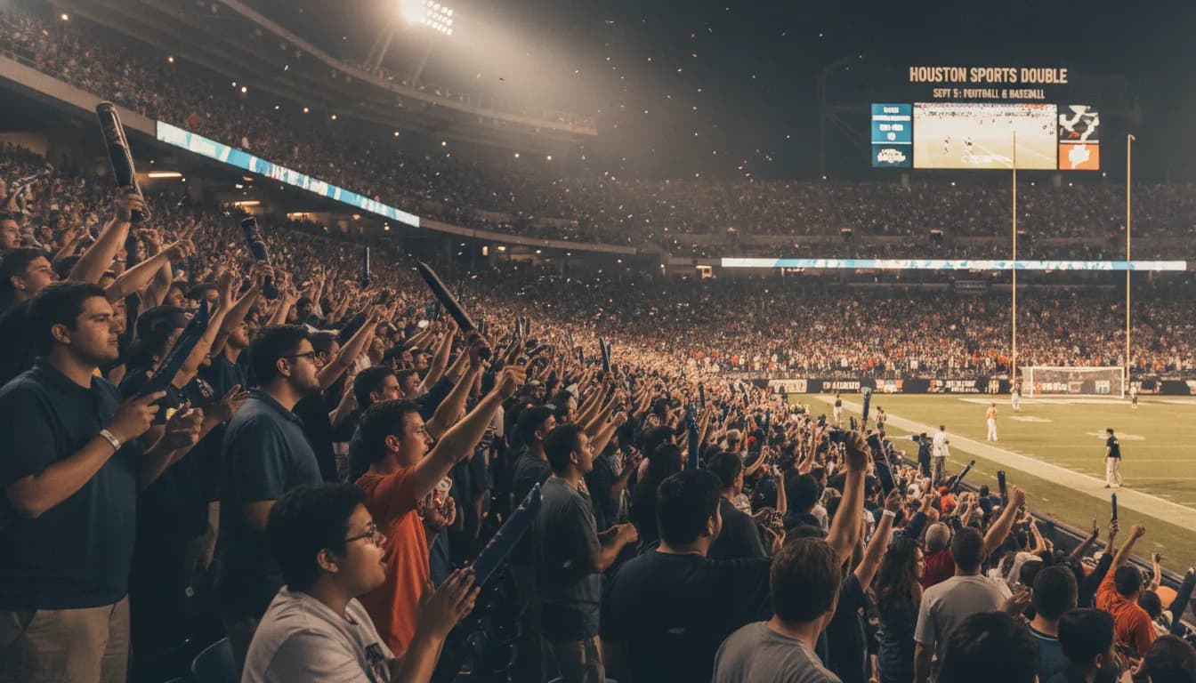 A packed stadium crowd at a sporting event: Houston's Sept 5 Sports Double: Cougars at 11, Astros at 6:15 for $189