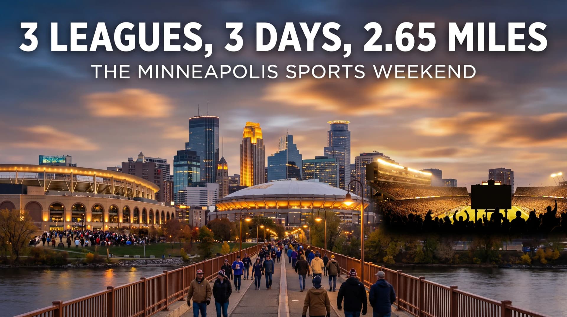 The Minneapolis skyline at dusk with multiple sports stadiums visible and fans walking a pedestrian bridge toward downtown