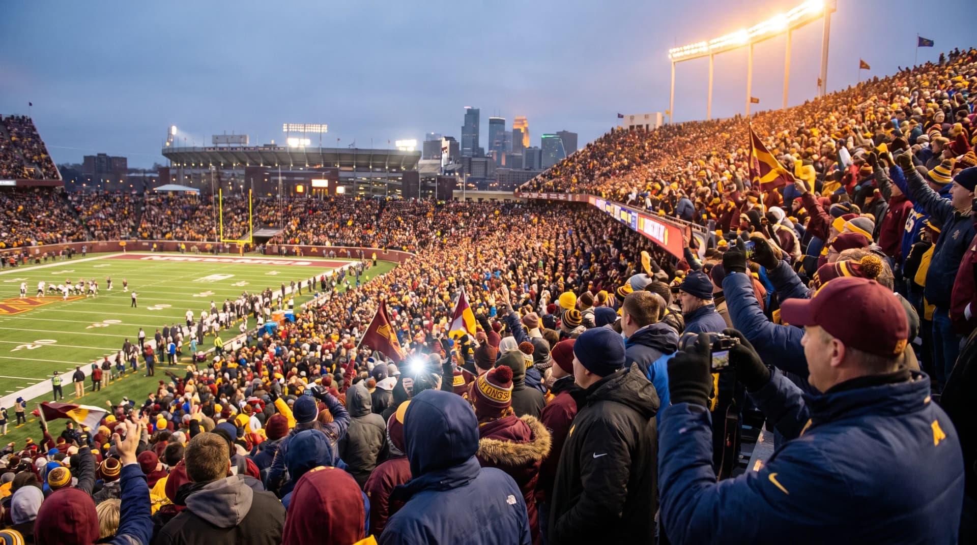 A packed college football stadium at dusk with fans in maroon and gold, the Minneapolis skyline visible beyond the stands