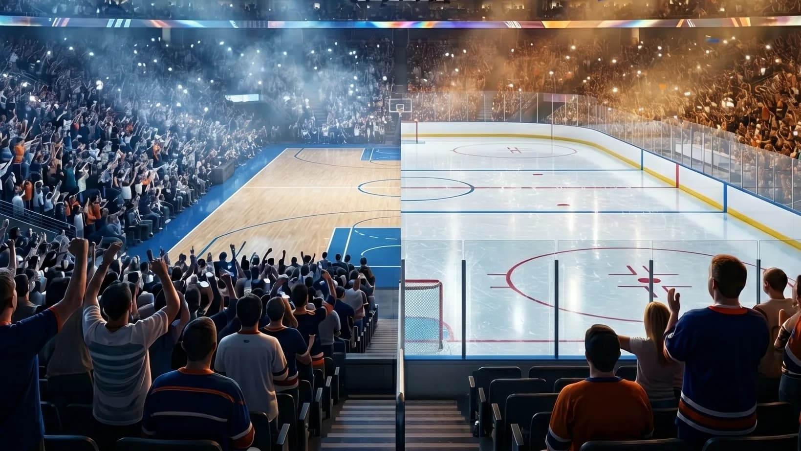 Split-frame view of a basketball court and hockey rink inside one playoff arena — 4 Cities Where You Can Build a Real NBA + NHL Playoff Trip Right Now