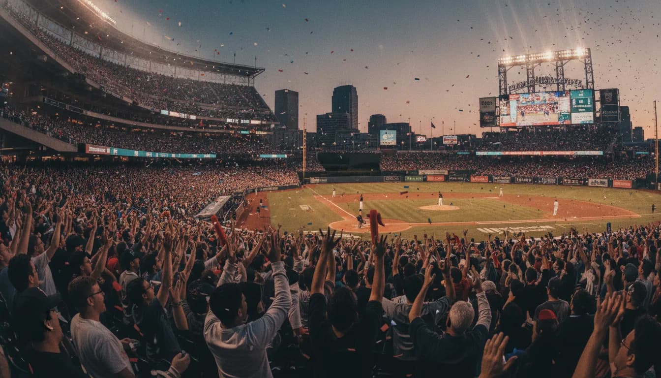 Dusk crowd on its feet at a packed New York ballpark as confetti drifts over the diamond