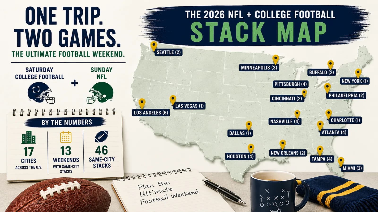 US map of the 2026 NFL plus college football same-city stacks by metro: 17 cities, 46 same-city stacks across 13 weekends