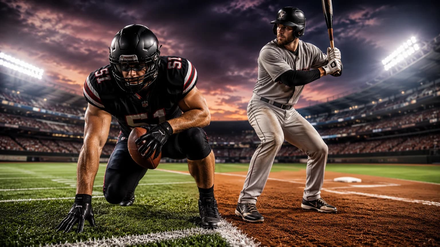 Football on stadium grass beside a baseball nestled in a leather glove on infield dirt — NFL and MLB same-city stacks in September 2026
