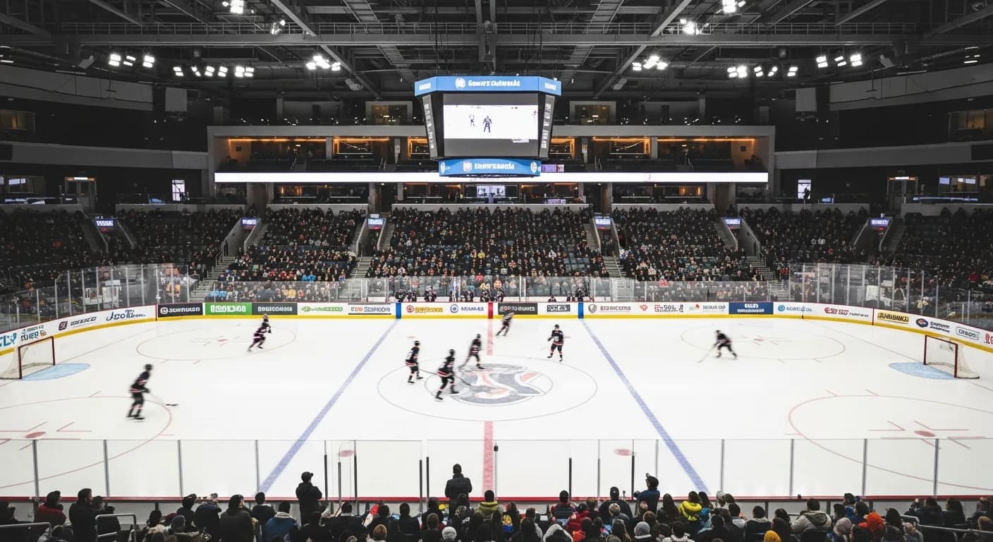 Fans in winter layers filling an indoor ice hockey arena as the puck drops on a bright white rink