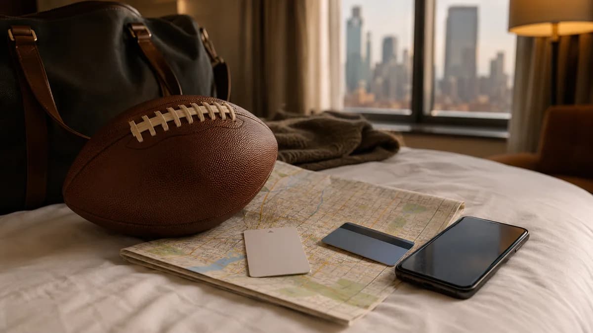Hotel-room flat-lay for an NFL Thanksgiving 2026 trip: football beside a leather duffel, paper map, hotel key cards, and phone on a bed with a city skyline visible through the window — game-day weekend planned across five host cities