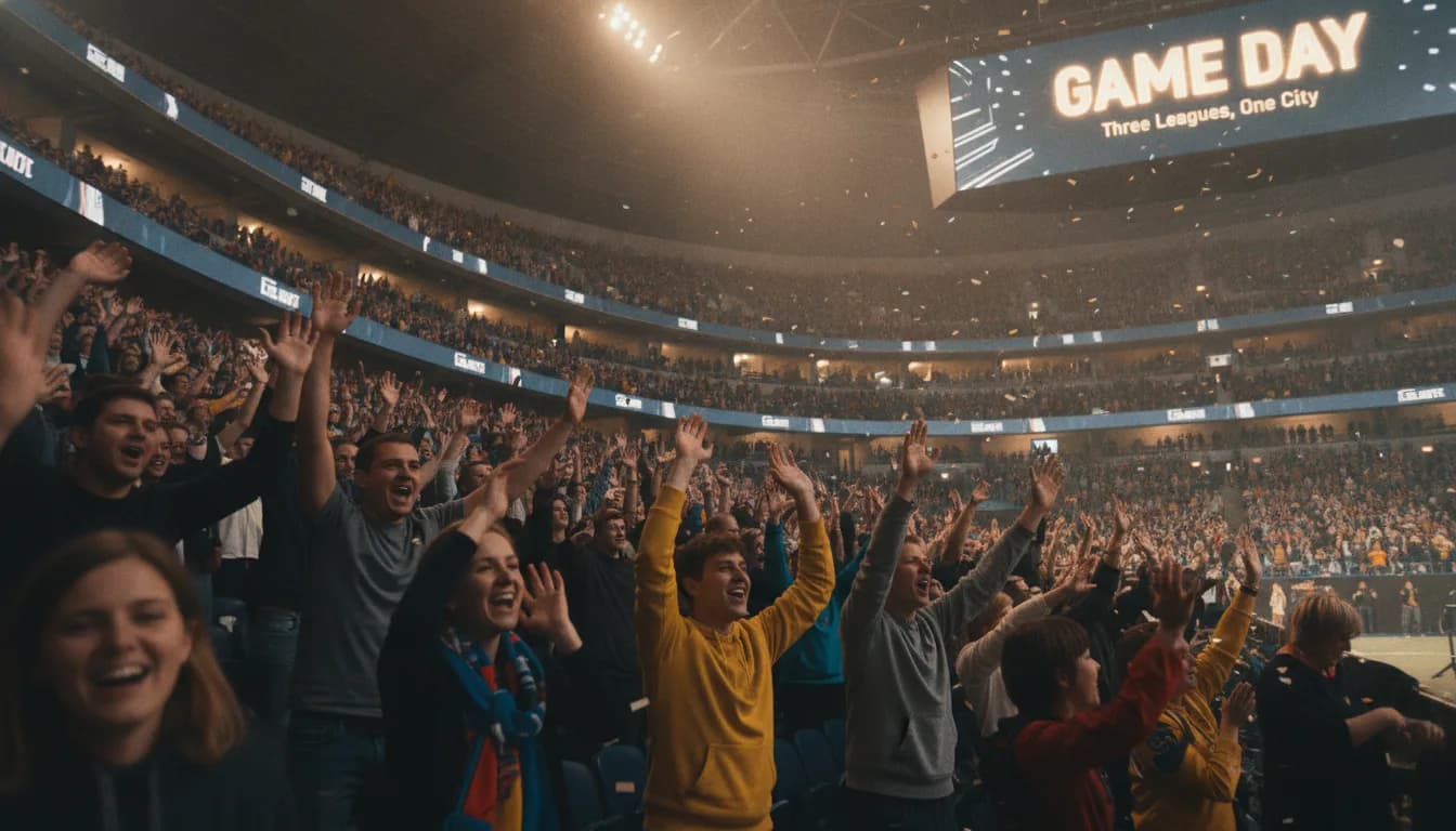 A packed stadium crowd at a sporting event: 50 Triple-Stack Weekends: 3 Leagues, One City