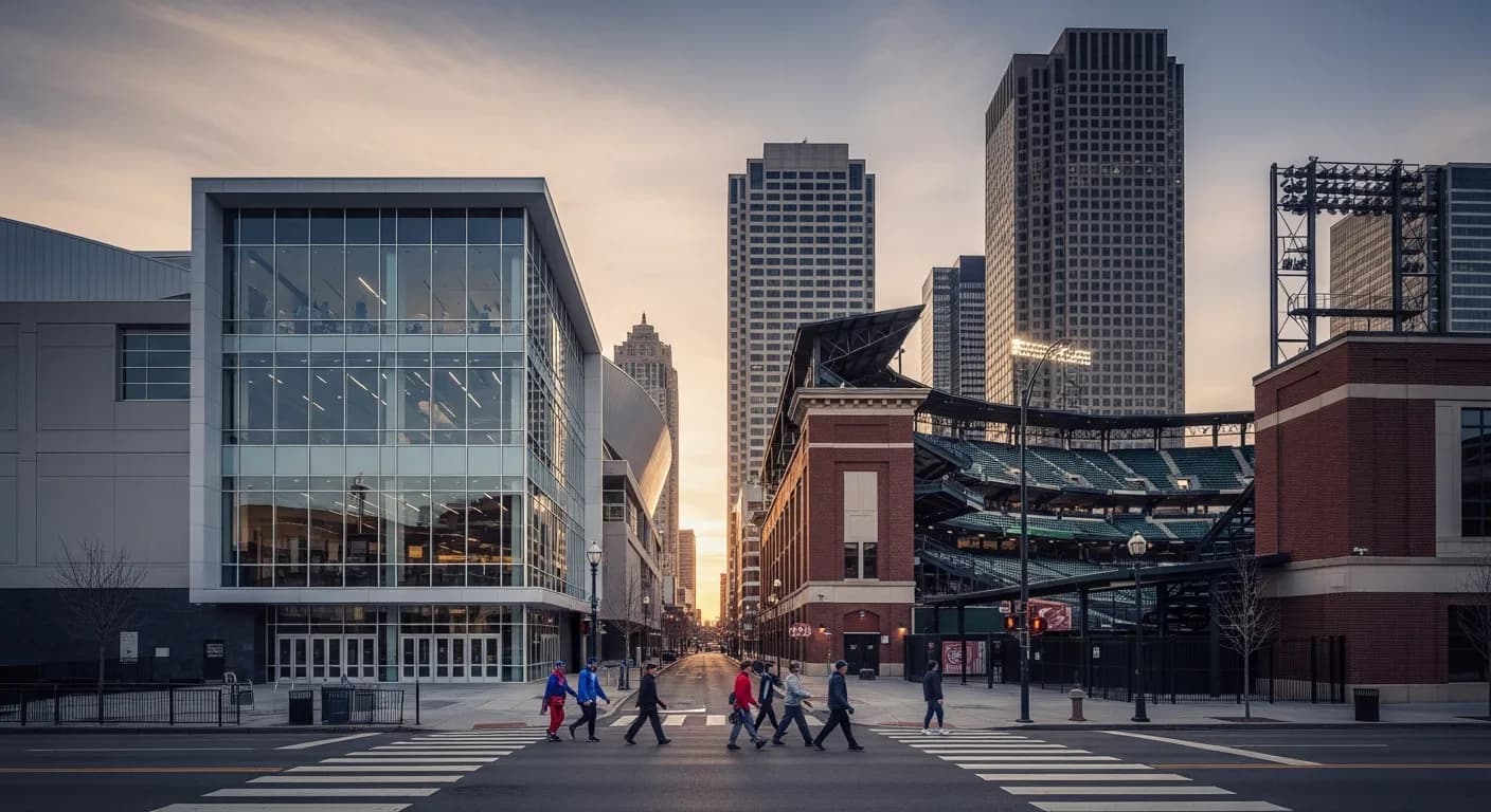 Downtown Cleveland skyline with Progressive Field and Rocket Arena in the Gateway District — Can You Walk Between Every Stadium in Cleveland?