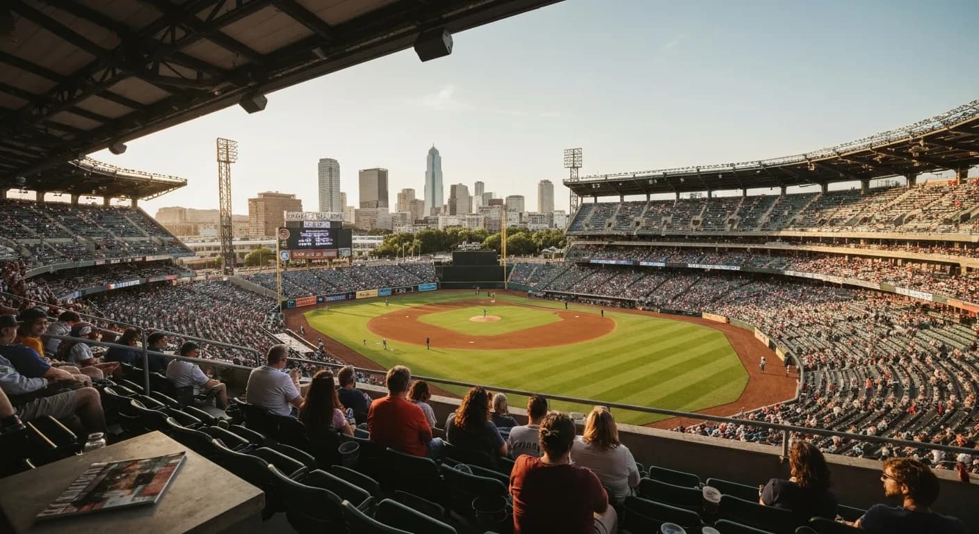 A packed open-air ballpark at golden hour with a city skyline beyond the outfield: The 7-Minute Walk: 6 D.C. Weekends That Stack a Nationals Game and D.C. United
