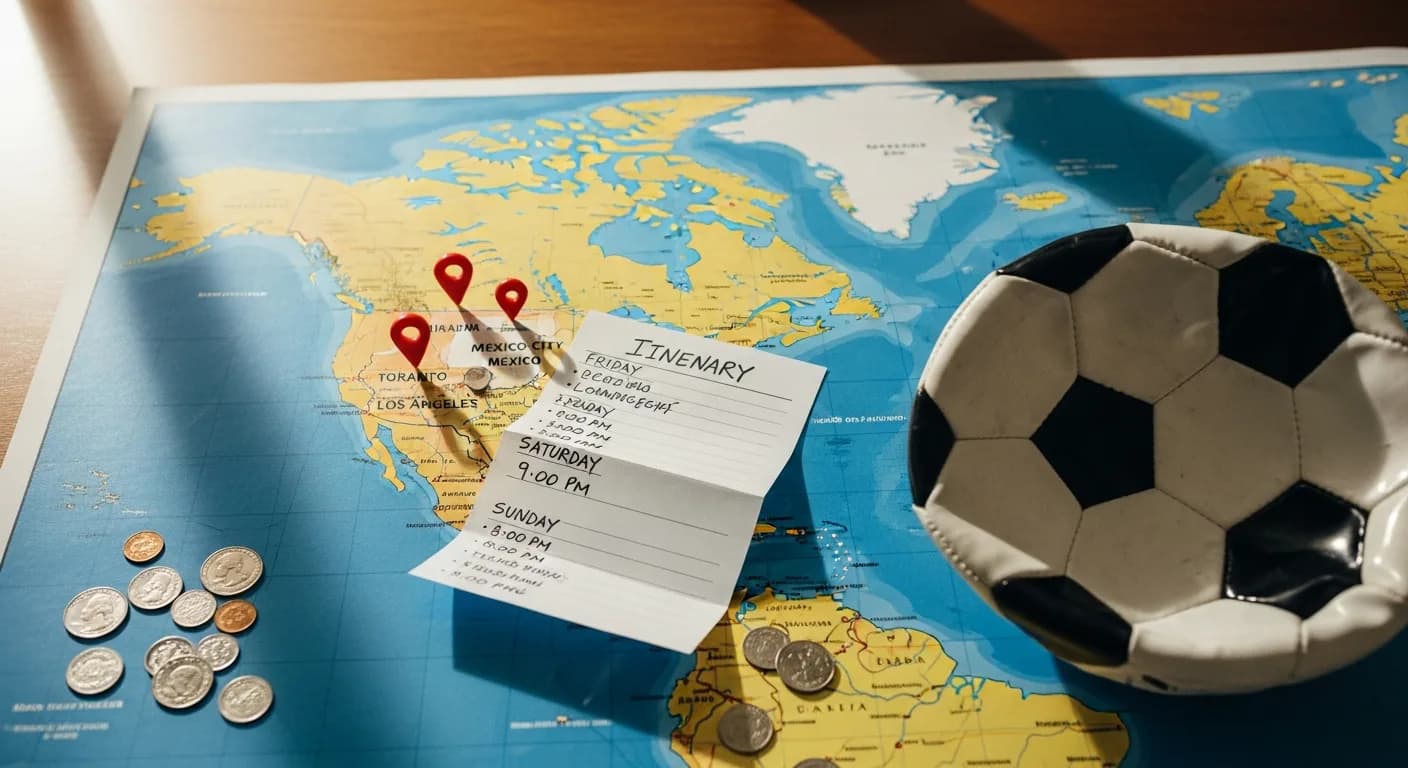 Sports-travel planning detail flat-lay: World Cup 2026 Bag Policy: Clear Bags Required at All 11 U.S. Host Stadiums
