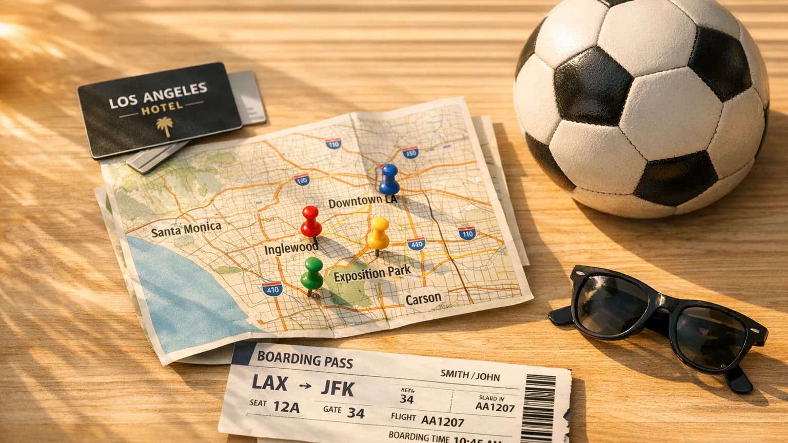 2026 World Cup trip-planning flat-lay (host-city map, transit, ticket stubs): What Does a 2026 World Cup Weekend in Los Angeles Cost? Three Airports, Four Venue Zones, and the LA Logistics Tax
