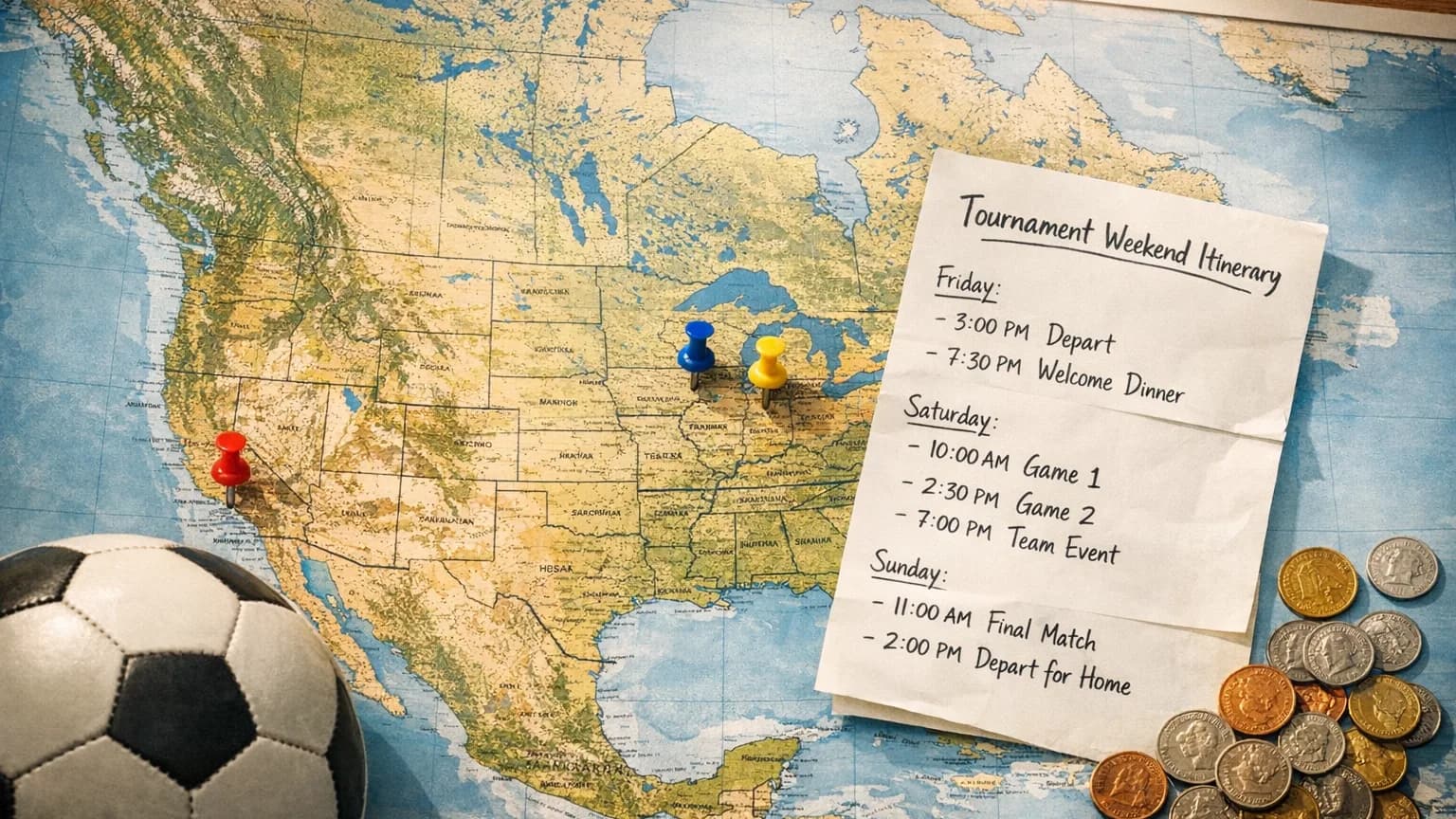 Sports-travel planning detail flat-lay: What Does a 2026 World Cup Weekend in Los Angeles Cost? Three Airports, Four Venue Zones, and the LA Logistics Tax