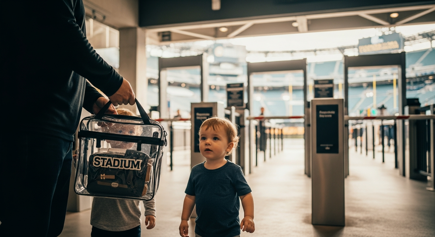 Family at stadium security with clear bag