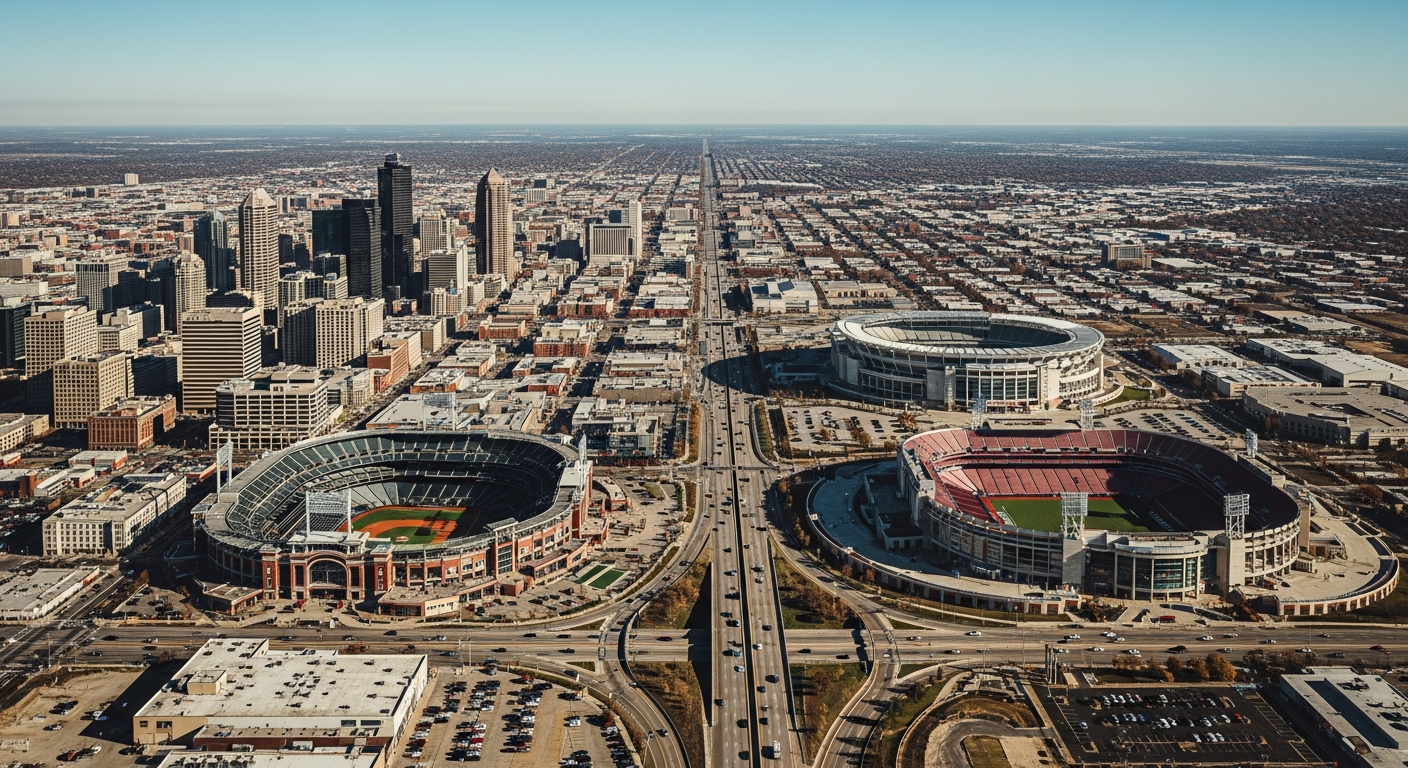 Aerial view of sprawling city with distant sports venues